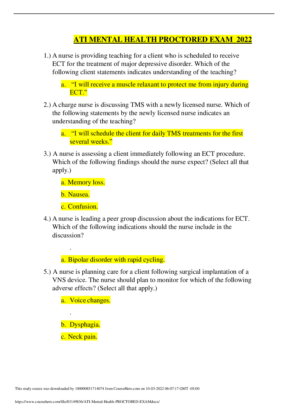 Preview image for ATI MENTAL HEALTH PROCTORED EXAM 2022